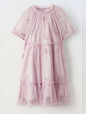 Zara Girl Long Lilac Mesh Floral Appliqué Dress